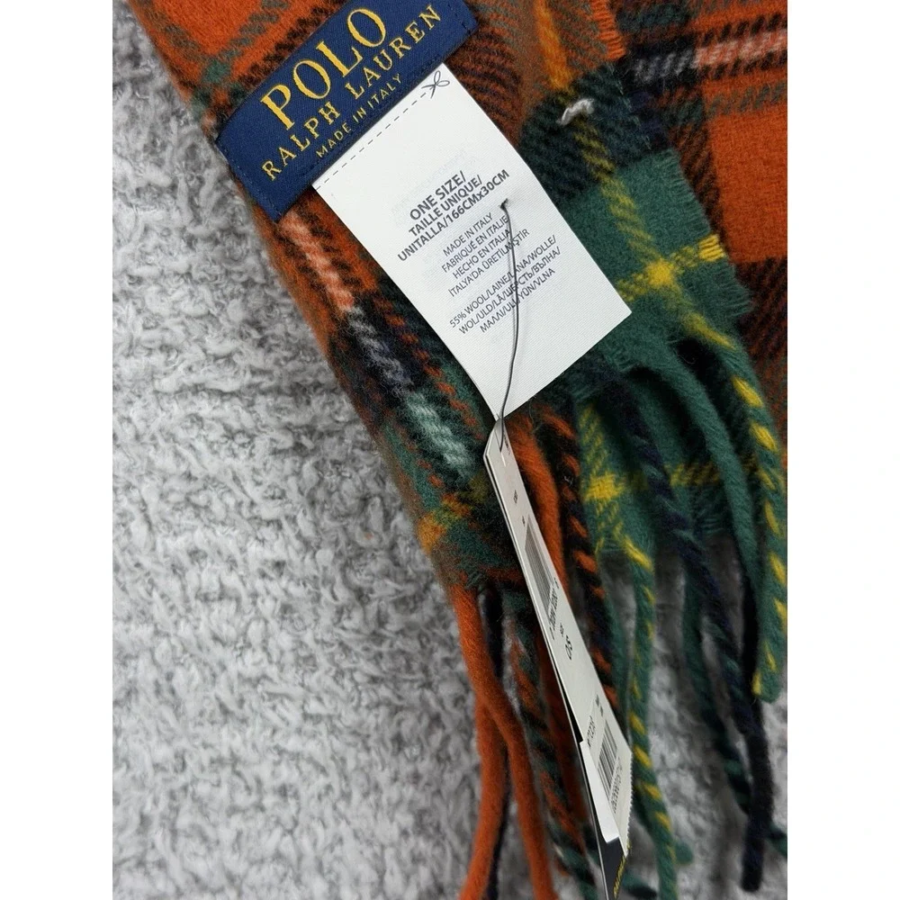NWT Polo Ralph Lauren Wool Tartan Plaid in Orange Green Navy Scarf w Finge 72x12